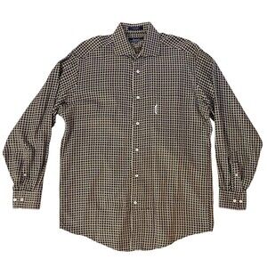 Faconnable Mens Shirt Large L Brown White Mini Square Button Up Made in USA